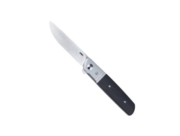 CRKT Bamboozled Messer Klinge aus satiniertem D2-Stahl, Flipper mit Innenrand, Griff G10, schwarz, 11,5 cm, eloxierter Aluminiumklinge, Taschenclip