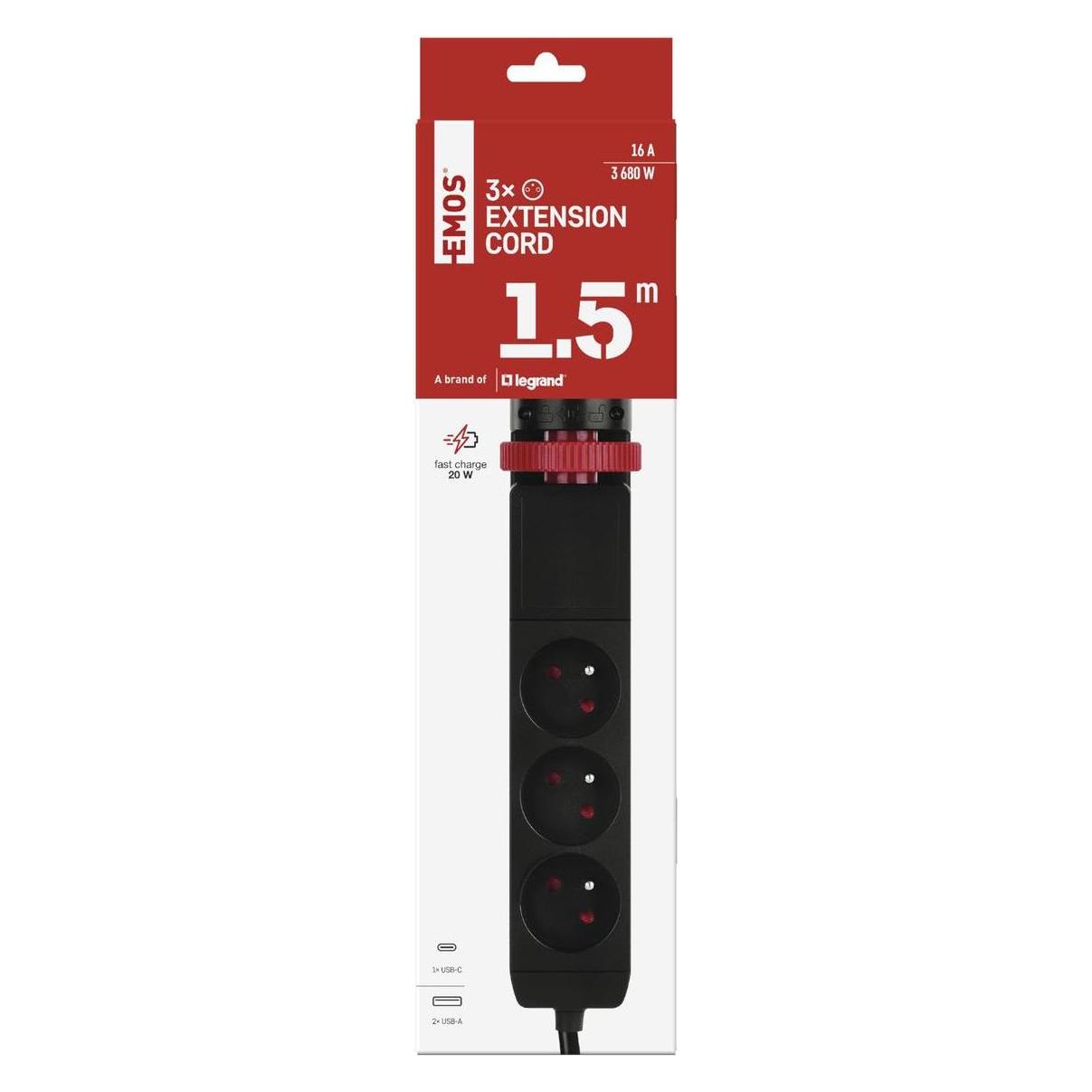 Emos P1311PD Prodlužovací kabel 1,5m/3z (1.50 m, USB-A, USB-C) (53904431)
