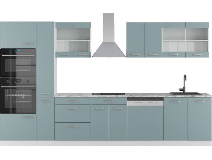 Cuisine Vicco R-Line Bleu-gris/blanc 350cm avec armoire haute\, PT Marbre\, Model 41008