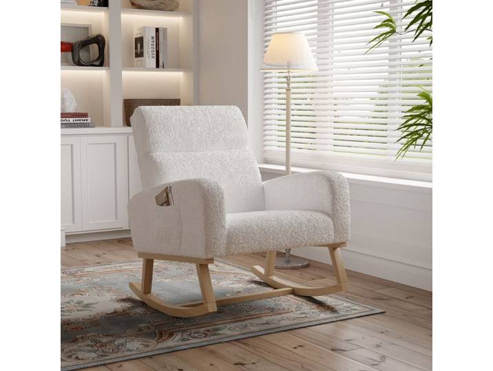 Fauteuil à Bascule - Rocking Chair - Blanc - Tissu en Sherpa - Pieds en Bois Massif - Style Scandinave