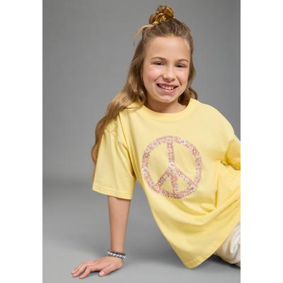 T-Shirt KIDSWORLD "T-Shirt Peacezeichen-Druck", Mädchen, Gr. 152/158, gelb, Single Jersey, Obermaterial: 100% Baumwolle, bedruckt, geblümt, lässig geschnitten, Rundhals, Shirts T-Shirt, lässige Passform, Kurzarm, mit Rundhalsausschnitt, aus Baumwolle