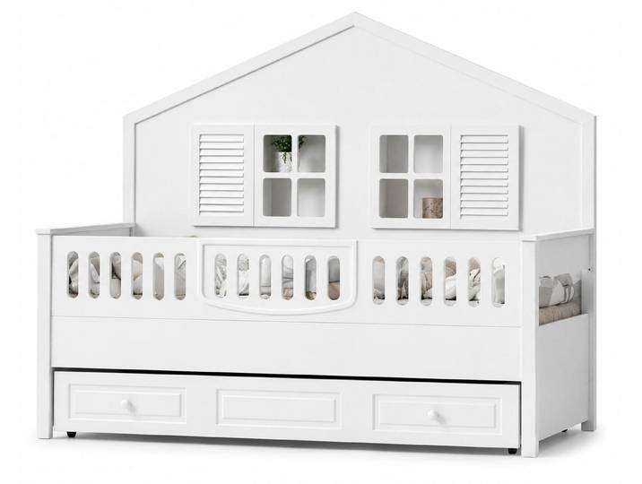 JVmoebel Kinderbett Weißes Kinderbett im Haus-Design mit Stauraum und verspielten Fenstern, Made in Europa