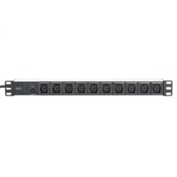 19" Steckdosenleiste C13 mit Aluminiumprofil, 10-fach, 1HE schwarz/aluminium, 2 Meter Kabel, Überlastschutz