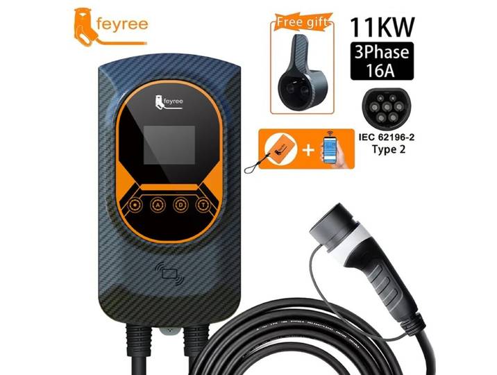 Feyree Borne de recharge murale pour véhicule électrique 11 kW 32 A Chargeur de voiture électrique mural Câble Type 2 Contrôle par application Wi-Fi