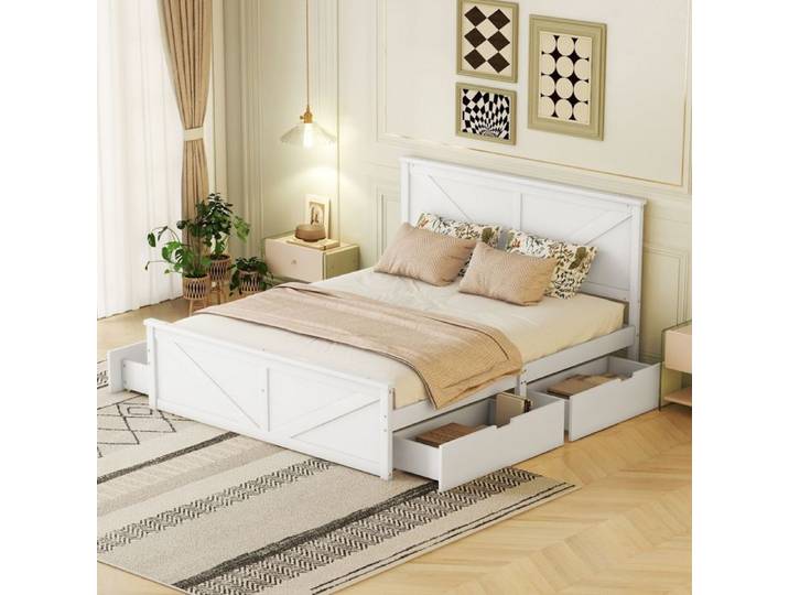 160x200 Simple lit en bois avec quatre tiroirs blanc