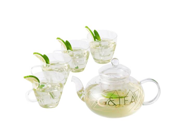 Gin Teekrug aus Glas mit Tassen