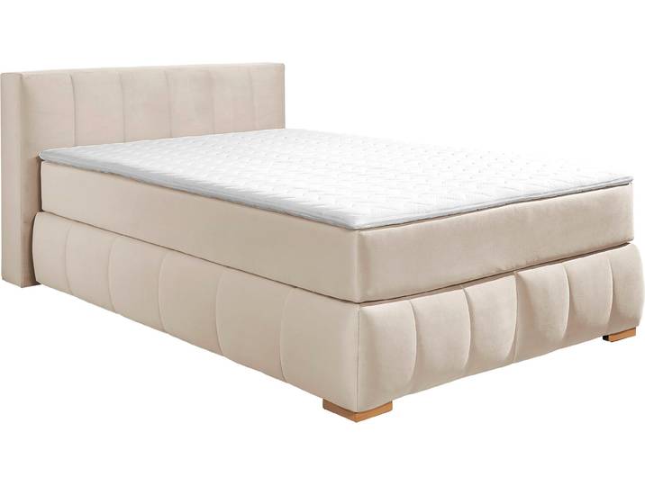 Boxspringbett, Samtoptik, Beige, 147×245 cm, Mit Topper, 7-Zonen-Matratze, Klassisch, Home-affaire