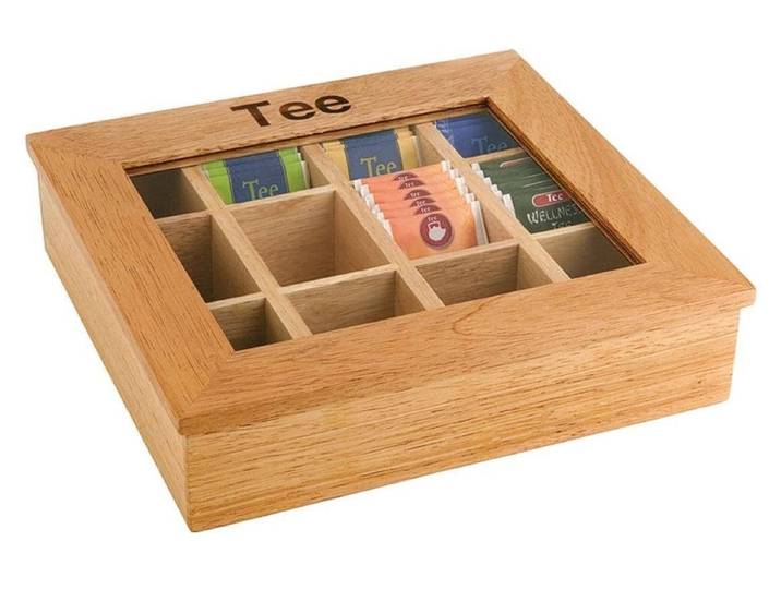 Teebox APS mit 12 Kammern , braun (hellbraun), B:28cm H:9cm L:30cm, Holz, Lebensmittelaufbewahrungsbehälter, Teebox, Teebox mit Sichtfenster und der Aufschrift Tee