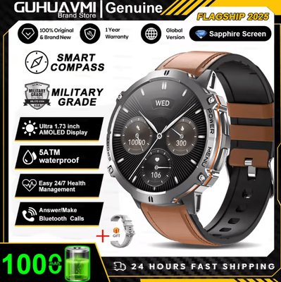 Inspire Curations T Rex 3 Military AMOLED GPS Smartwatch With 10ATM Waterproof & Bluetooth Call brown Leather