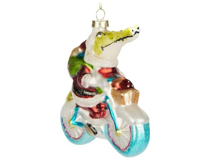 BRUBAKER Krokodil Kerstman op een Fiets - Handbeschilderde Glazen Kerstbal - 13 cm Kerstbal - Grappige Kerstdecoratie Hanger - Mondgeblazen Kerstboomdecoratie