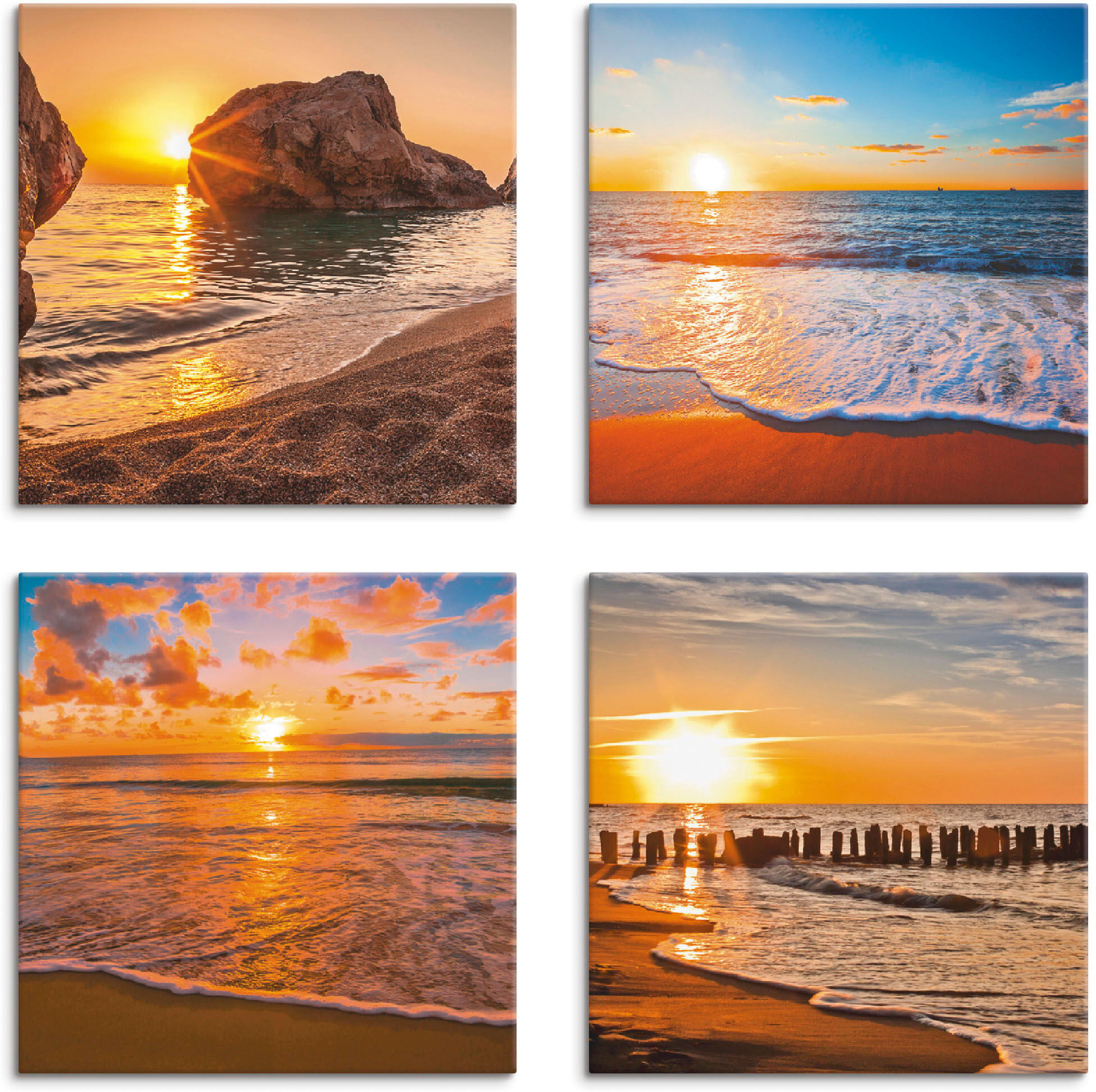Leinwandbild ARTLAND "Sonnenuntergänge am Strand & Meer", orange (farbe bild(er): orange), B:40cm H:40cm, Leinwand, MDF, Bilder, Leinwandbild, 4er Set, verschiedene Grössen farbe bild(er): orange B/H/T: 40cm x 40cm, Leinwandbild Sonnenaufgang & -untergang