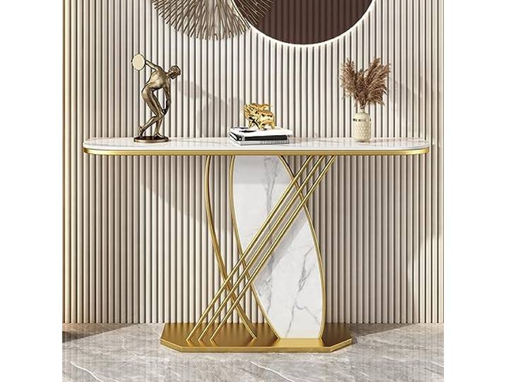 Konsolentisch, moderner Konsolentisch in Gold und Schwarz mit Metallsockel, schmaler Eingangstisch aus Kunstmarmor, Langer Tisch mit breiterer Tischplatte (Gold 120 x 30 x 80 cm)