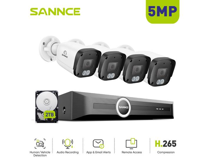 SANNCE – Kit réseau de vidéosurveillance Pixel 5MP, objectif 2.8MM, NVR 8CH, Microphone intégré, système de sécurité intelligent à Vision nocturne IR