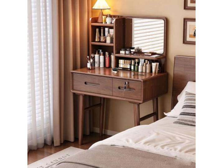 Gummibaum Schminktisch mit Spiegel, Massivholz Make-up Ankleidetisch verschlossenem Schublade & offenen Aufbewahrungsregalen,abgerundeter Ecke Schlafzimmer Kosmetik Schminktisch(60CM/23.6IN)