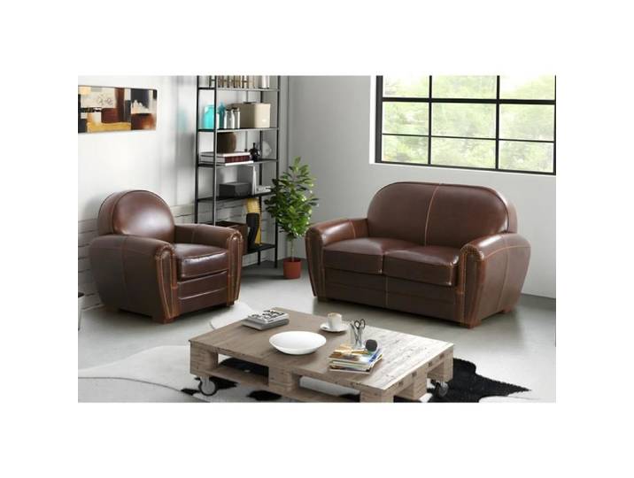Canapé et fauteuil club BAUDOIN 100% cuir vieilli - Marron