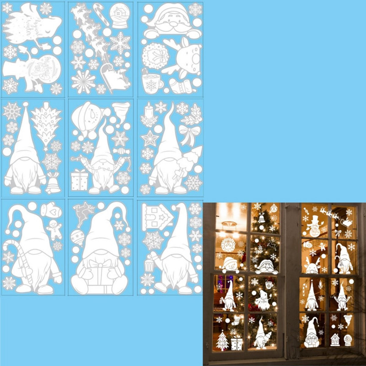 9 stuks Kerst raamstickers met zeven dwergen - Dubbelzijdige PVC kerstdecoratie - Wit - 20 x 30 cm