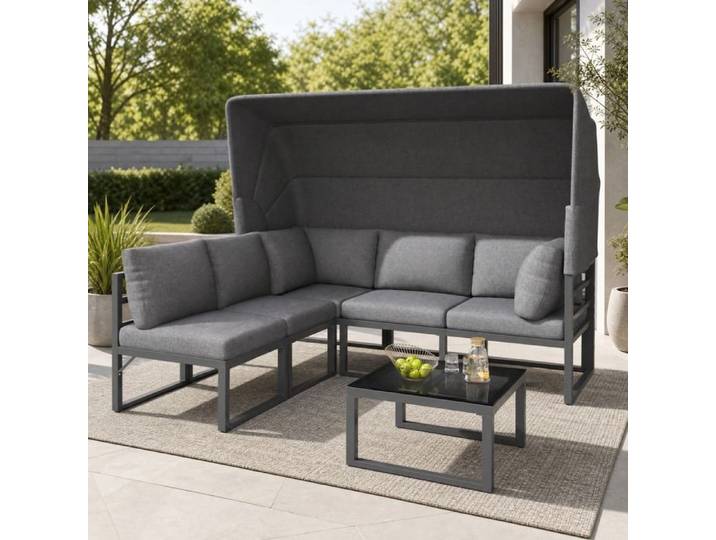 Salon de jardin 4 pièces EVRYAE avec auvent pliable canapé 3 places 2 fauteuils et table basse en verre gris