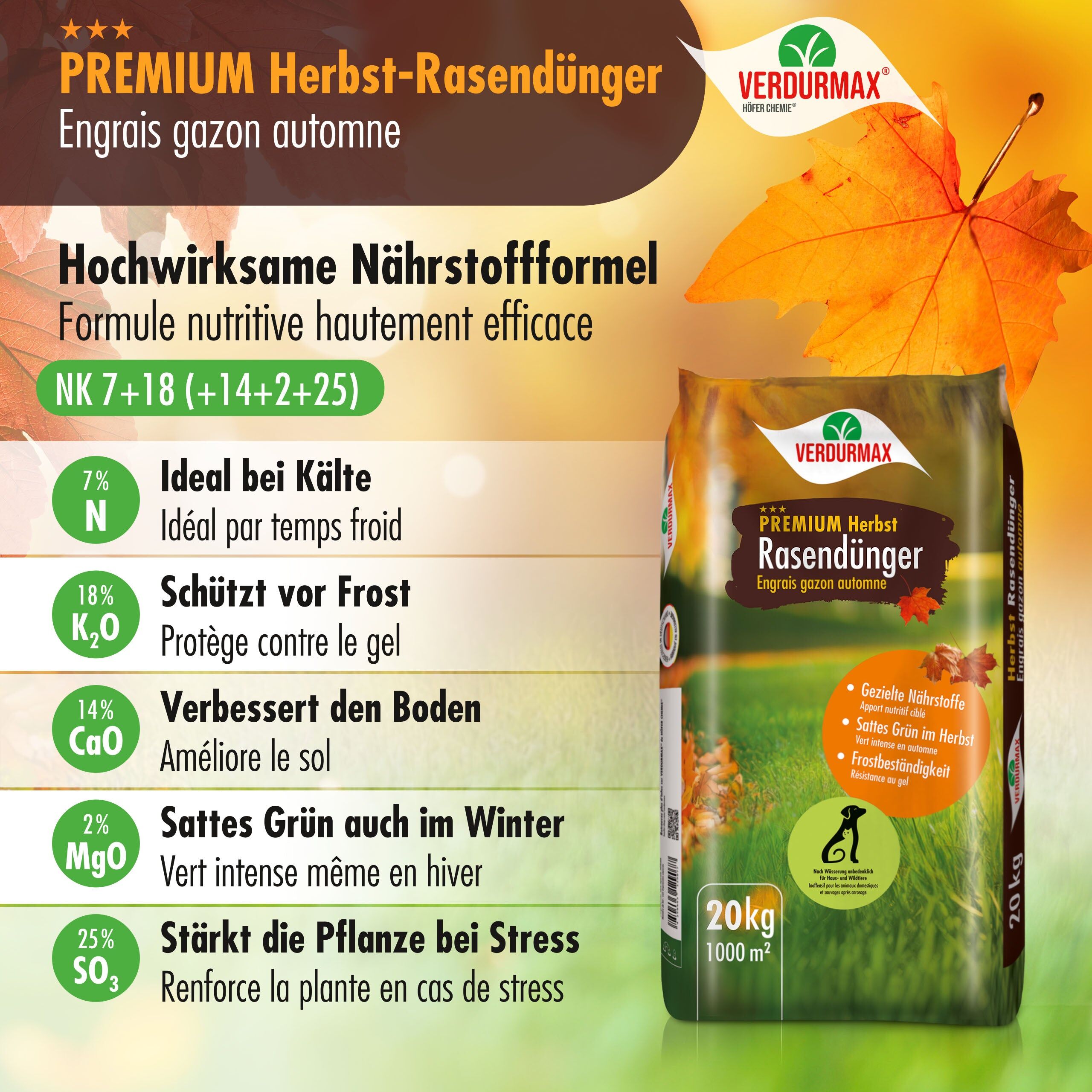 Höfer Chemie GmbH 1x 20 kg Engrais Gazon Automne Premium VERDURMAX®
