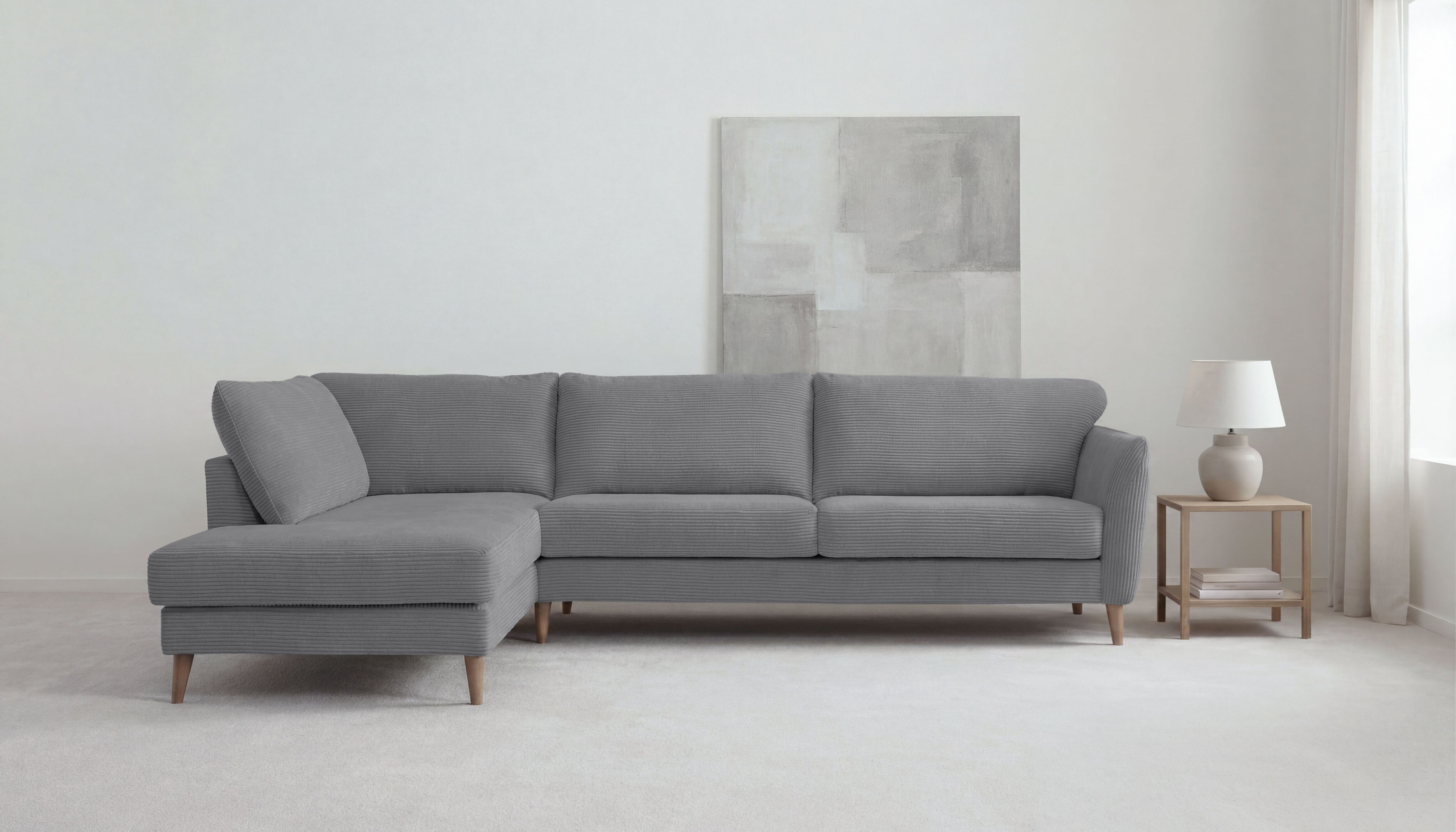 Ecksofa GOODPRODUCT "MARSEILLE 278/202 cm, L-Form, Ottom. rechts/links, verschiedene Bezüge", grau (dunkelgrau), B:278cm H:88cm T:202cm, 100% Polyester, Sofas, Ecksofa, Massivholzbeine Eiche, Landhausstil, Wellenunterfederung dunkelgrau B/H/T: 278cm x 88c
