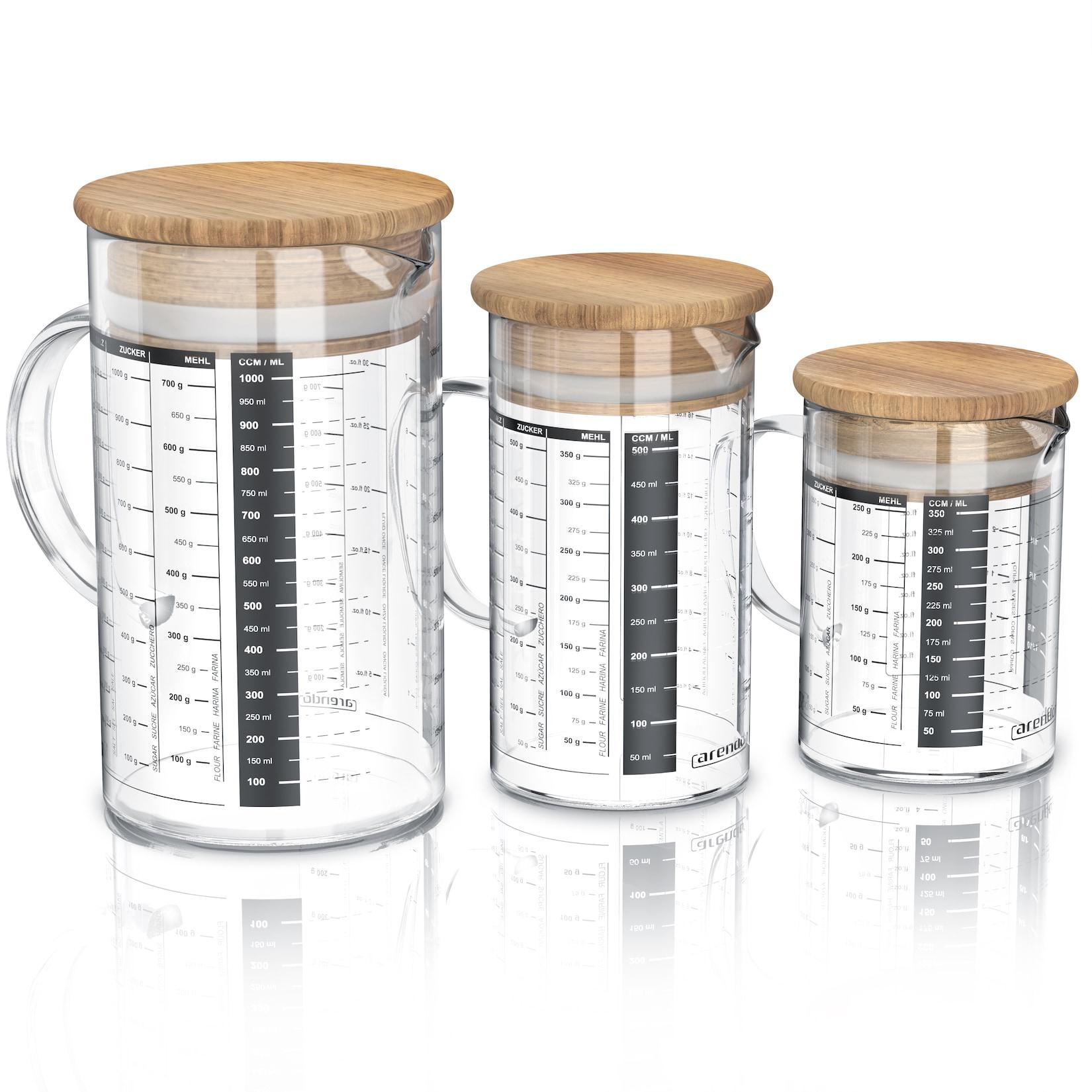 Arendo Messbecher-Set, 350/500/1000 ml, Borosilikatglas, Bambusdeckel mit Silikondichtung, 3-teilig