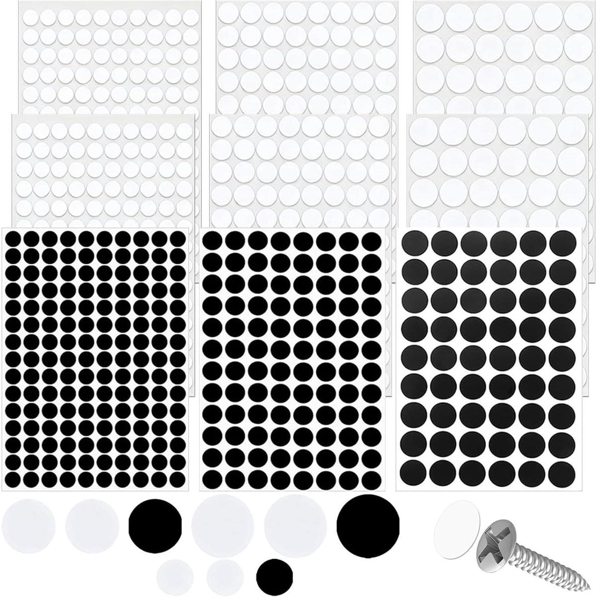 Schroefafdekkingsset Reparatiestickers voor Meubels - 870 Stuks - 3 Maten - Wit en Zwart