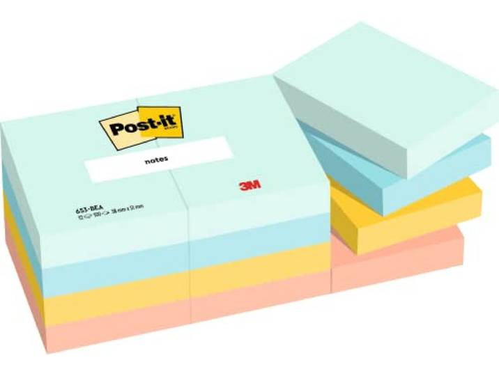 Post-it Notes Beach Color Collection, Pack van 12 pads, 100 vellen per pad, 38 mm x 51 mm, groen, geel, oranje - zelfklevende notities voor het maken van notities, takenlijsten en herinneringen