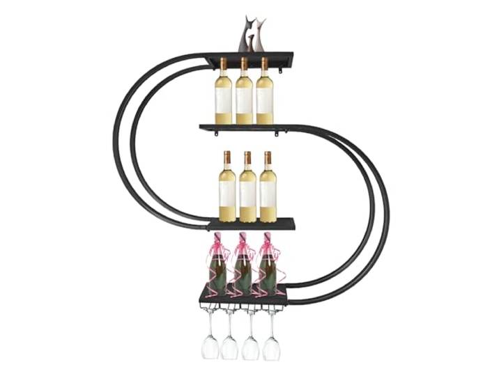Weinregal Wandmontage 4stufig Halbkreis mit Glashaltern für Weinkeller Bar Halbkreisförmiges 4-Ebenen-Wandweinregal aus Kohlenstoffstahl mit Glashaltern – platzsparende, sichere Präsentation