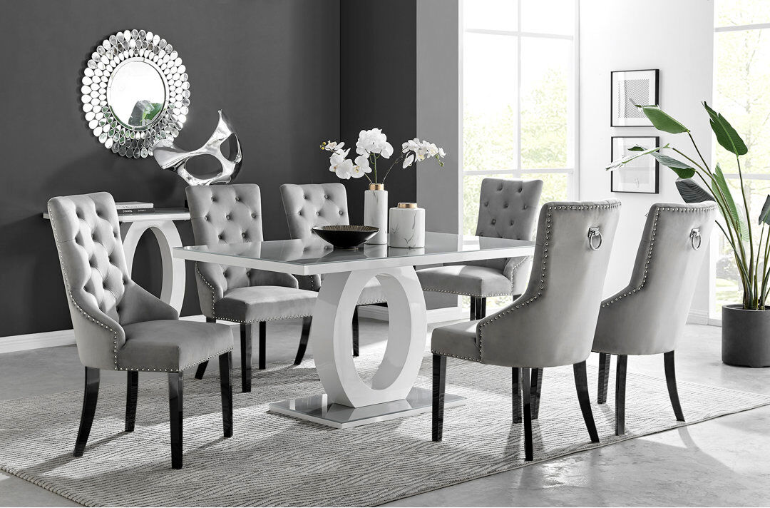 Canora Grey Scottsmoor Halo Dining Table Set in Modern High Gloss with 6 Luxury Velvet Dining Chairs Grey/Black/Grey 6