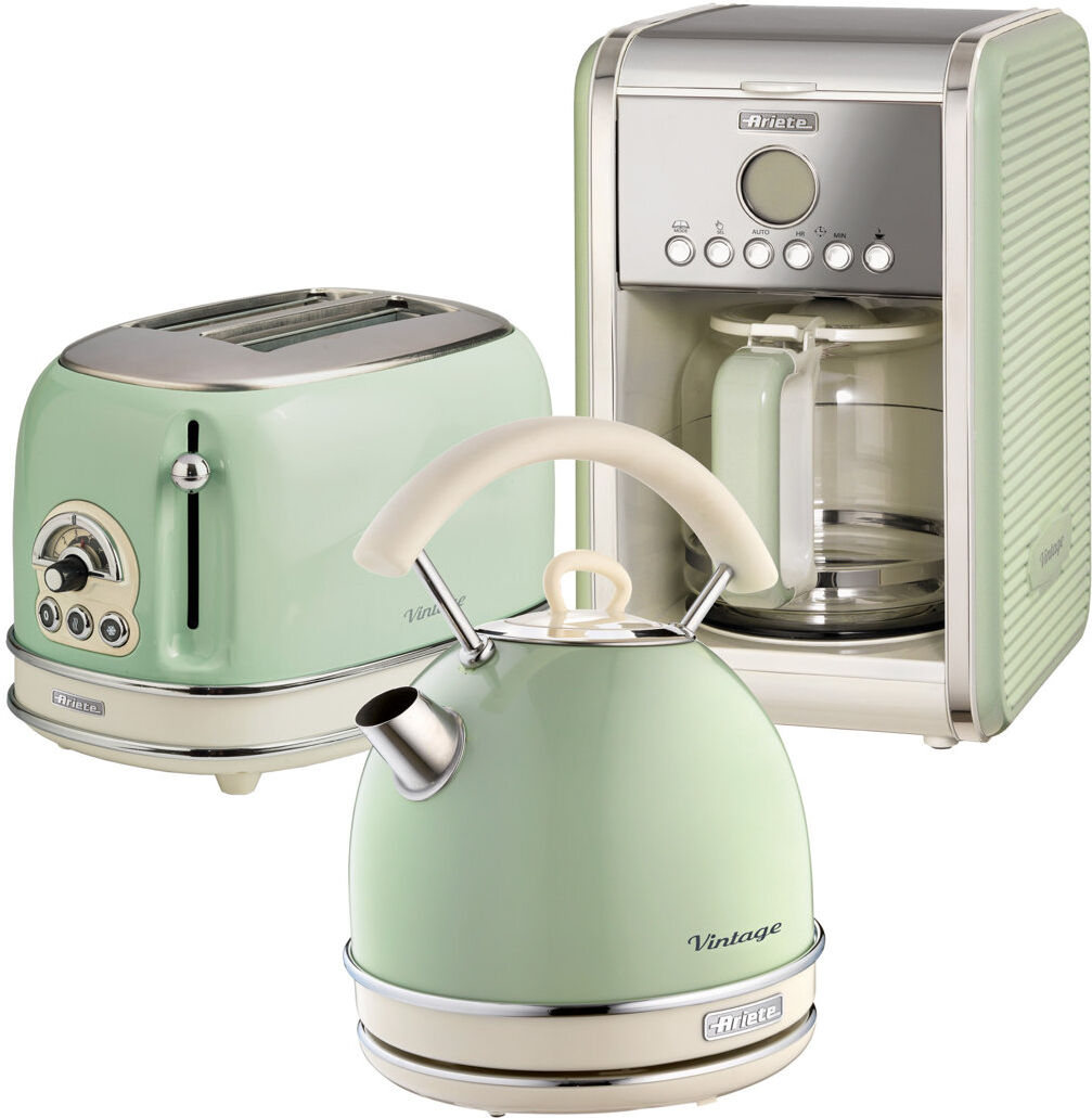 Ariete Vintage 1.7L Stainless Steel Dome Kettle with 2 Slice Toaster and 12 Cup Coffee Machine Set Green 1.7L