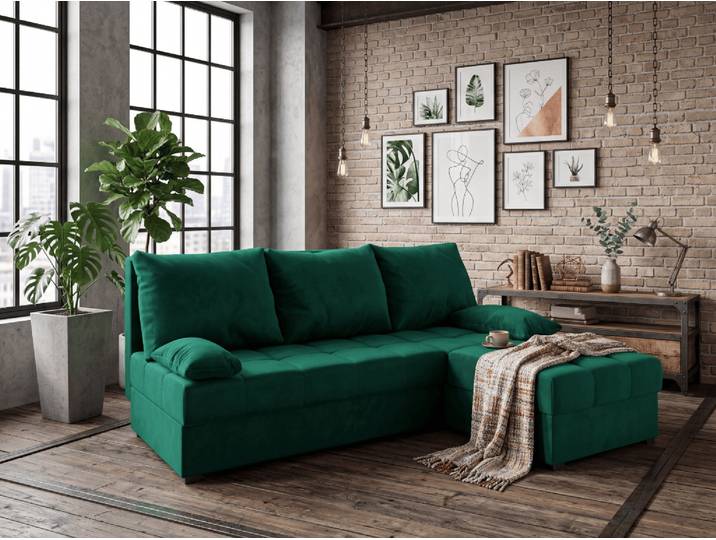 ANGEBOT Dunkelgrünes ausziehbares Ecksofa ZENA, zweiseitig II. Qualität