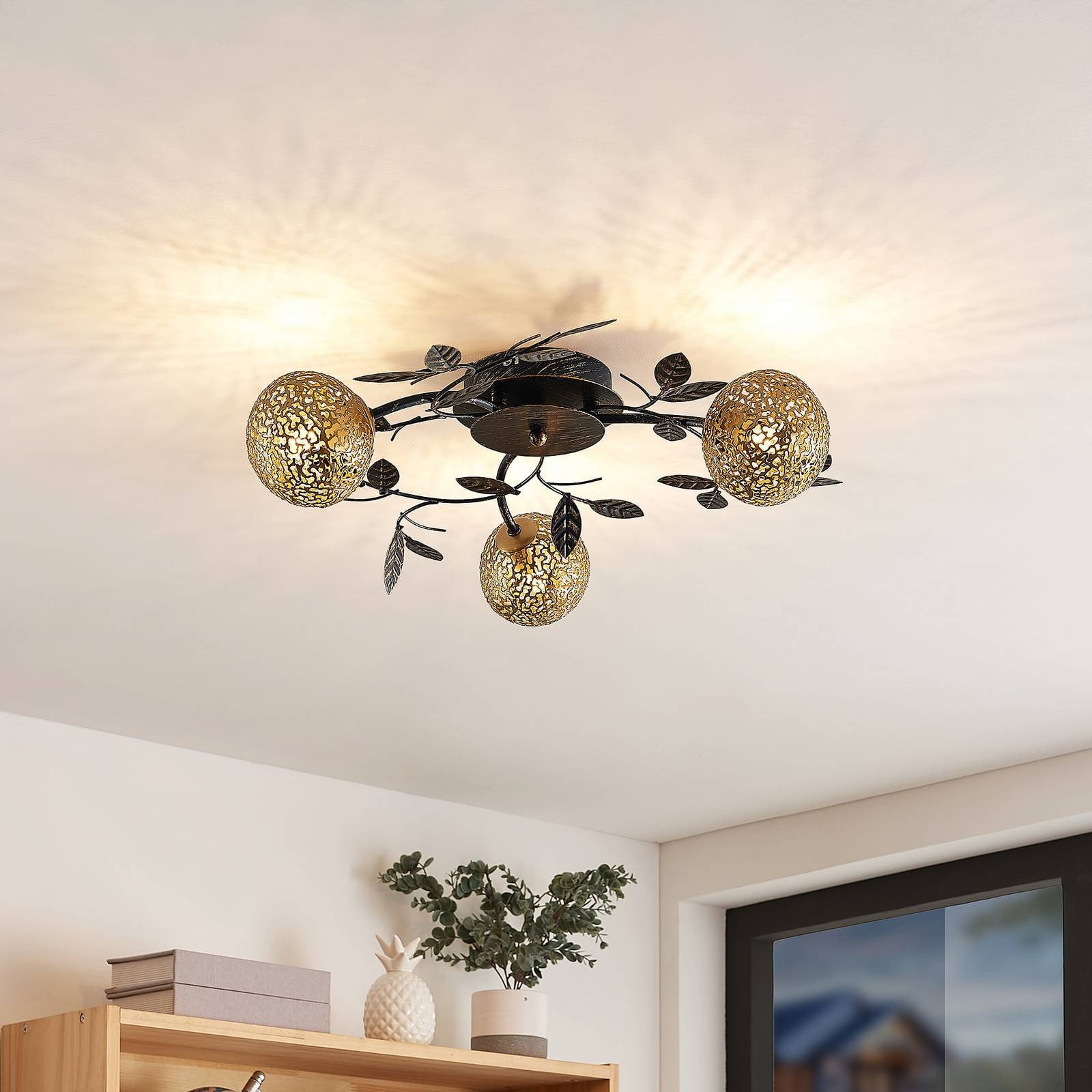 Lucande Evory Round 3 Plafondlamp - Goud/Messing en Zwart - Metaal - Dimbaar