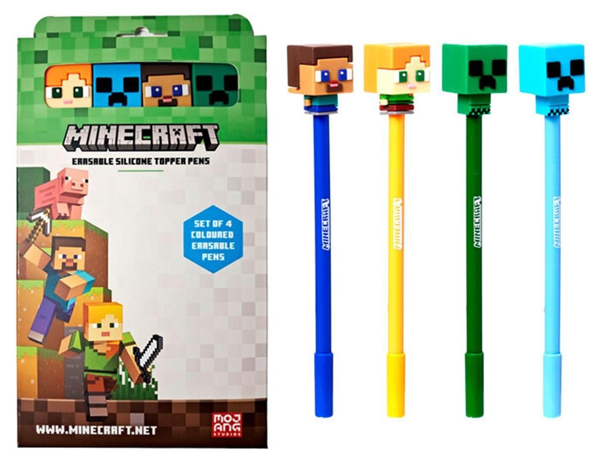 Puckator Set van 4 kleurrijke Minecraft-stiften met uitwisbare accessoires