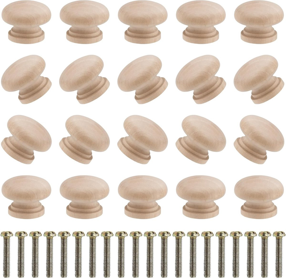 SnelShoppen Set van 20 Ongeverfde Houten Kastknoppen - Ronde Paddenstoelvormige Deurknoppen - Diameter: 24 mm