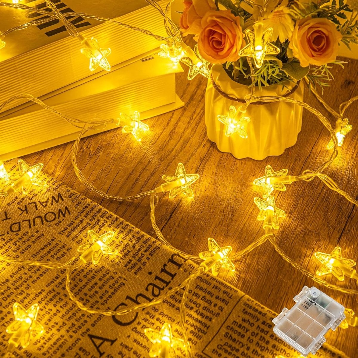 Decoratief lichtsnoer met sterren, 6 meter, 40 LED, met 6 uur timer, op batterijen