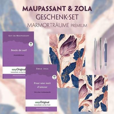 Guy de Maupassant & Émile Zola Geschenkset - 2 Bücher (mit Audio-Online) + Marmorträume Schreibset Premium, Set von Guy de Maupassant,Emile Zola,
