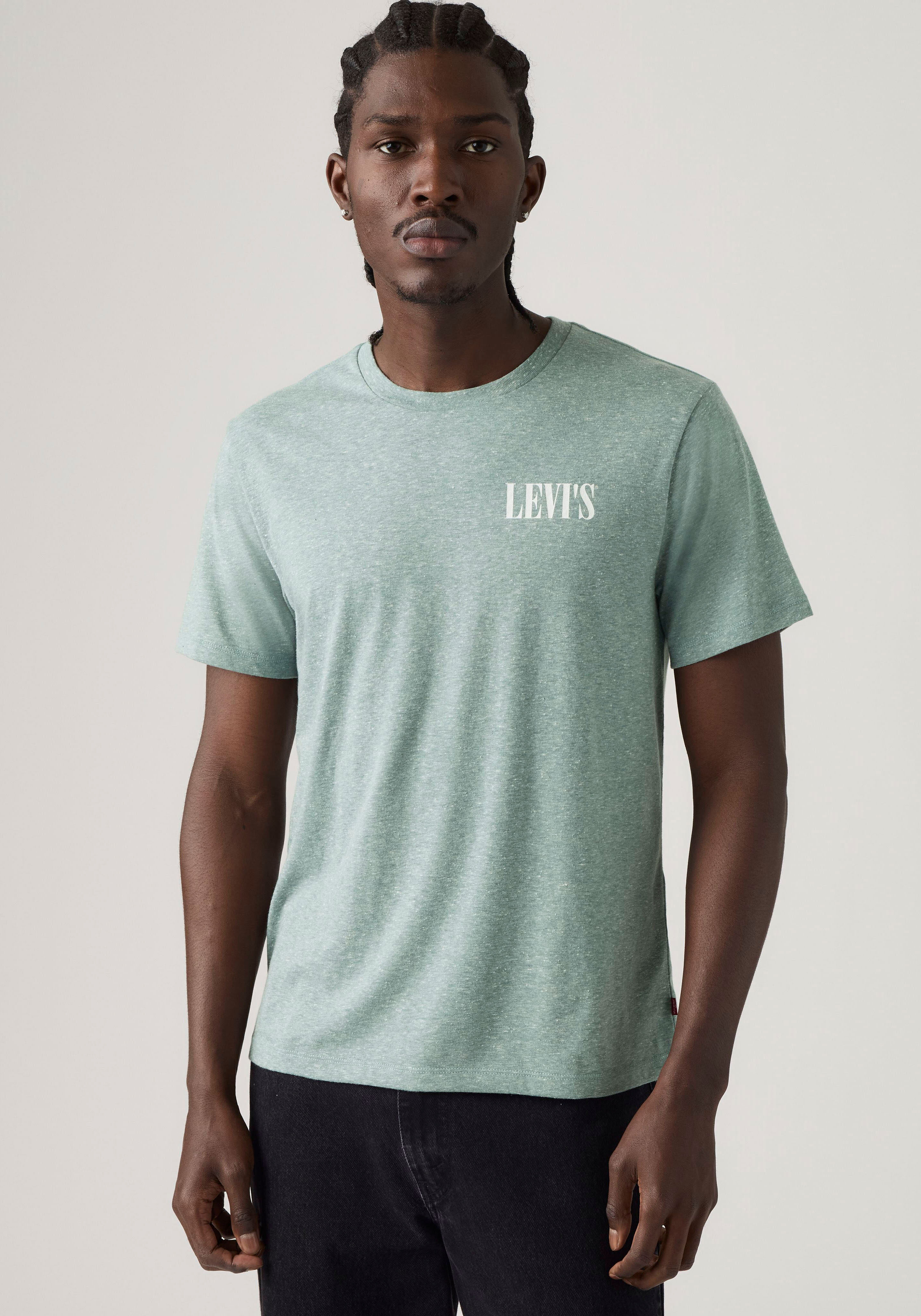 T-Shirt LEVI'S "GRAPHIC CREWNECK TEE", Herren, Gr. XL, grün (ssnl serif stormy sea), Feinstrick, Obermaterial: 50% Polyester, 38% Baumwolle, 12% Viskose, normal, Rundhals, Shirts T-Shirt, Melierter Feinstrick, pflegeleichter Materialmix ssnl serif stormy 