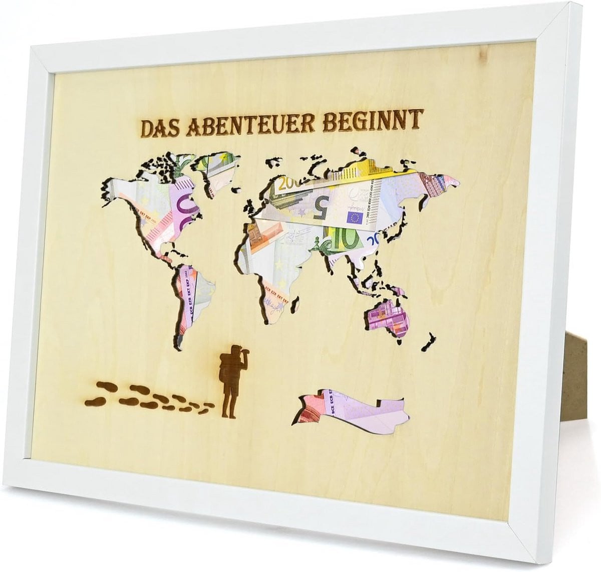 Houten Fotolijst Spaarpot met Wereldkaart voor Geldcadeau