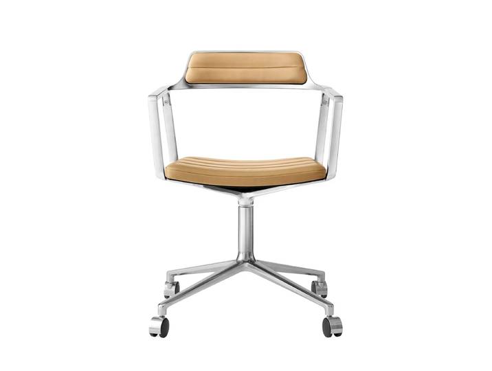 Vipp - 452 Swivel Drehstuhl auf Rollen, Aluminium poliert / Leder camel