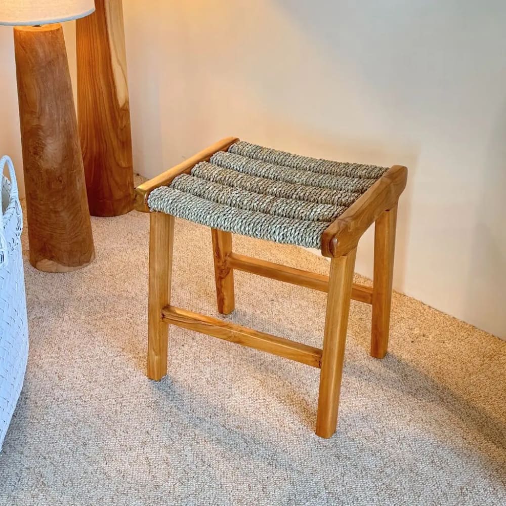 HYDILE Tabouret en teck et corde tressé Marron 37x42x40cm