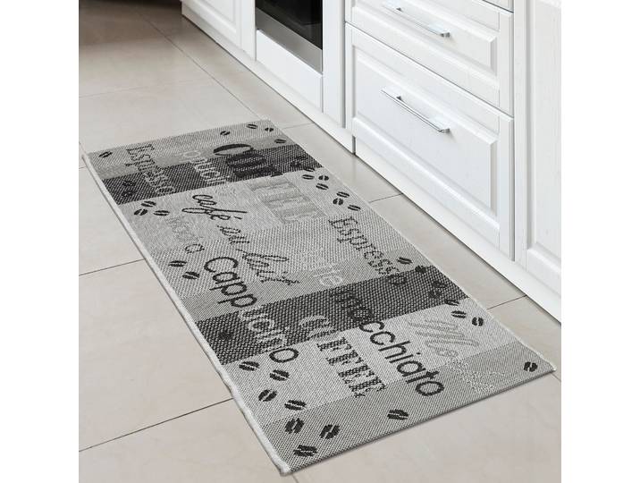 Küchenläufer ANDIAMO ARIZONA 1 Gr. 11, grau, B:50cm H:5mm L:150cm, Kunstfaser, Teppiche, Küchenläufer, Flachgewebe, Motiv Kaffee, mit Schriftzug, In- und Outdoor geeignet