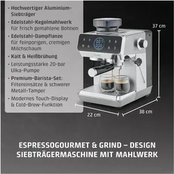 Caso Espresso Gourmet & Grind Siebträgermaschine mit Mahlwerk, Siebträgermaschine, Silber