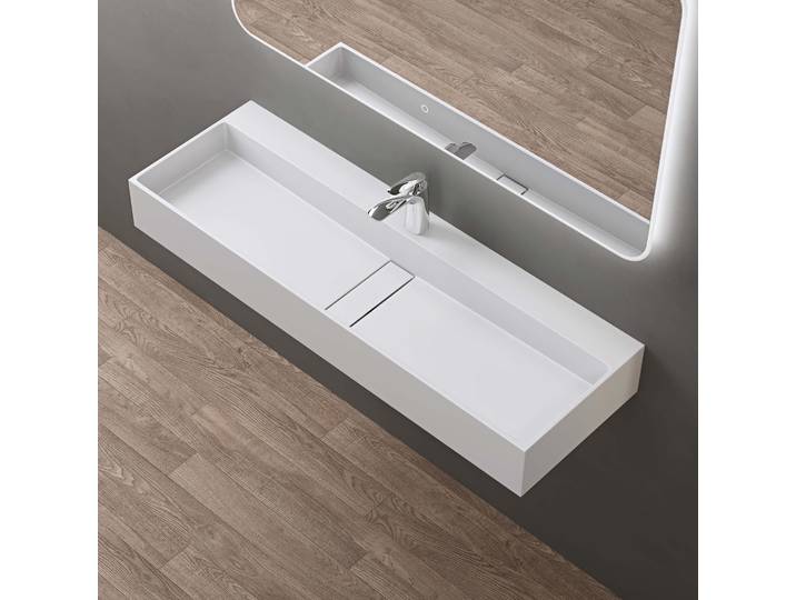 doporro Vasque à Poser Blanc Mat avec Bonde Lavabo de Salle de Bains Suspendu 120cm Lave Mains Rectangulaire avec Cache Bonde Colossum6028