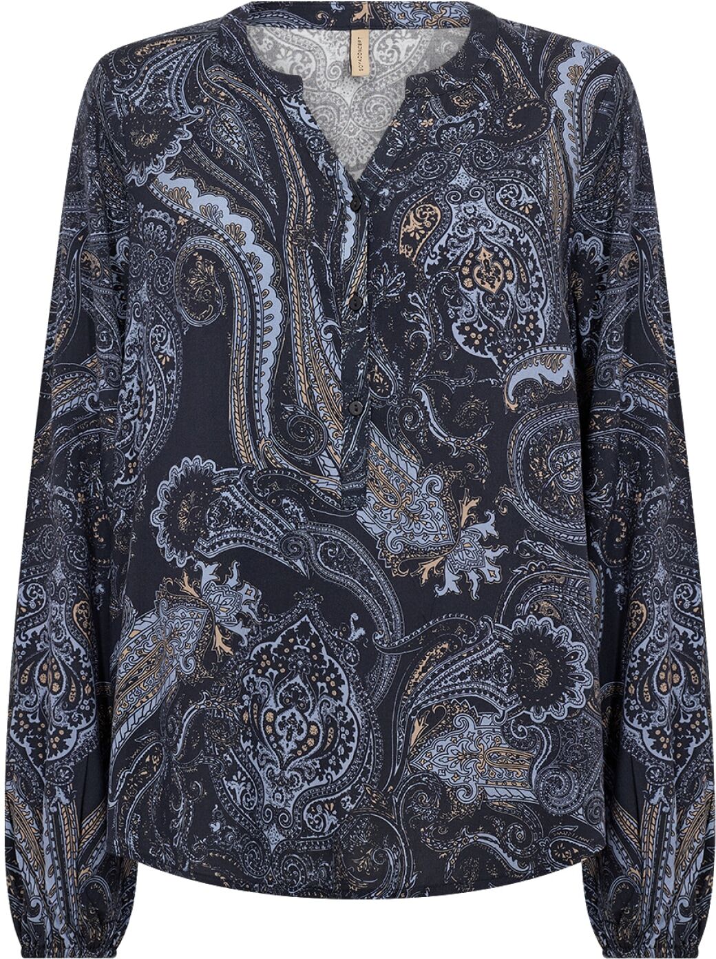 Druckbluse SOYACONCEPT "SC-HALNA 2 AOP", Damen, Gr. M, blau (navy combi), Web, Obermaterial: 100% Viskose, gemustert, normal, V-Ausschnitt, Blusen Druckbluse, Viskose navy combi M
