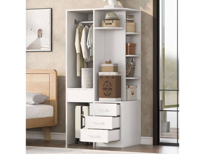 Armoire chambre 70x55x175 cm blanche 3 tiroirs étagères multiples et grand espace penderie