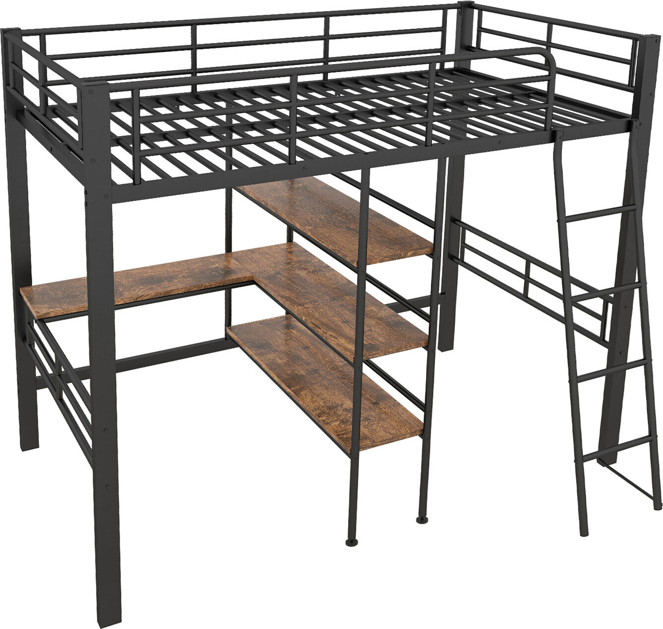 Hochbett(schwarz)Hausbett mit Schreibtisch, Mehrere Regale, Geländer, Leiter, Eisenrahmen
