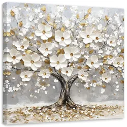 LEINWANDBILD Baum weiße Blumen goldene Blätter 30x30cm