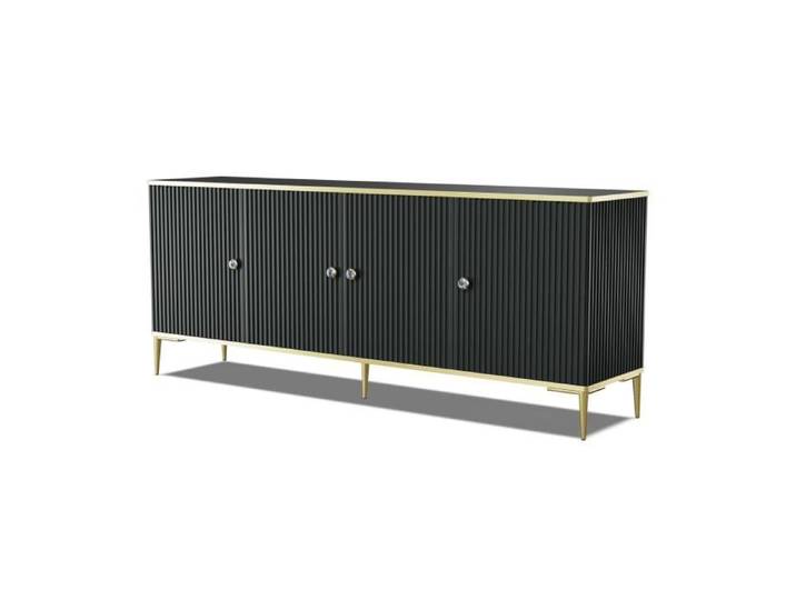 Commode PETRA 182 cm Buffet 4D noir mat avec pieds dorés
