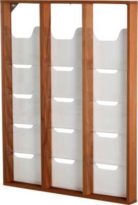 Update Display Prospektständer WoodMagazine, Wandversion, einseitig, Holz und Acrylglas, Buche, 15 Fächer je DIN A4
