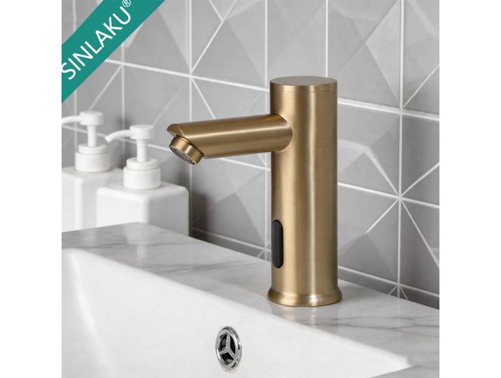 Robinet de salle de bain automatique sans contact SINLAKU, robinet de lavabo en or brossé, mitigeur de lavabo intelligent mains libres, capteur infrarouge