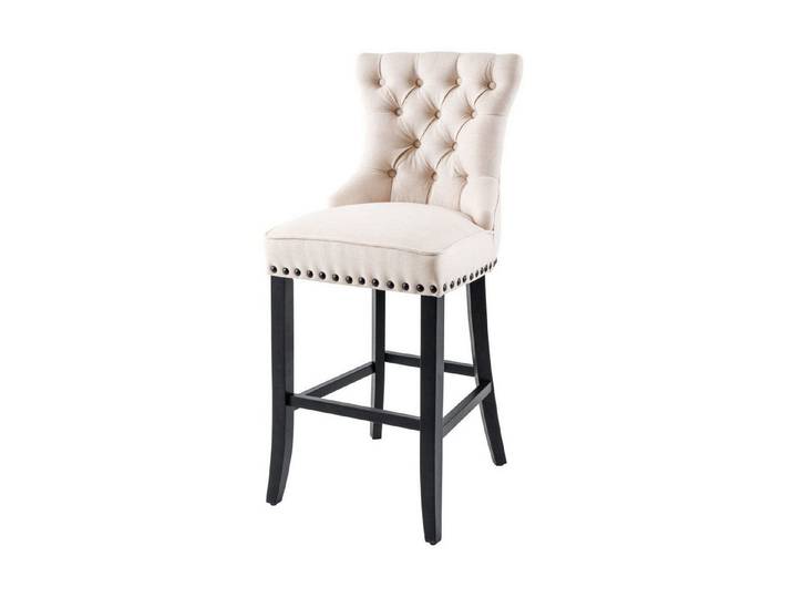 Licht-Erlebnisse Barhocker ROLIA, mit Lehne Stoff Holz in Beige Schwarz Chesterfield Fußablage